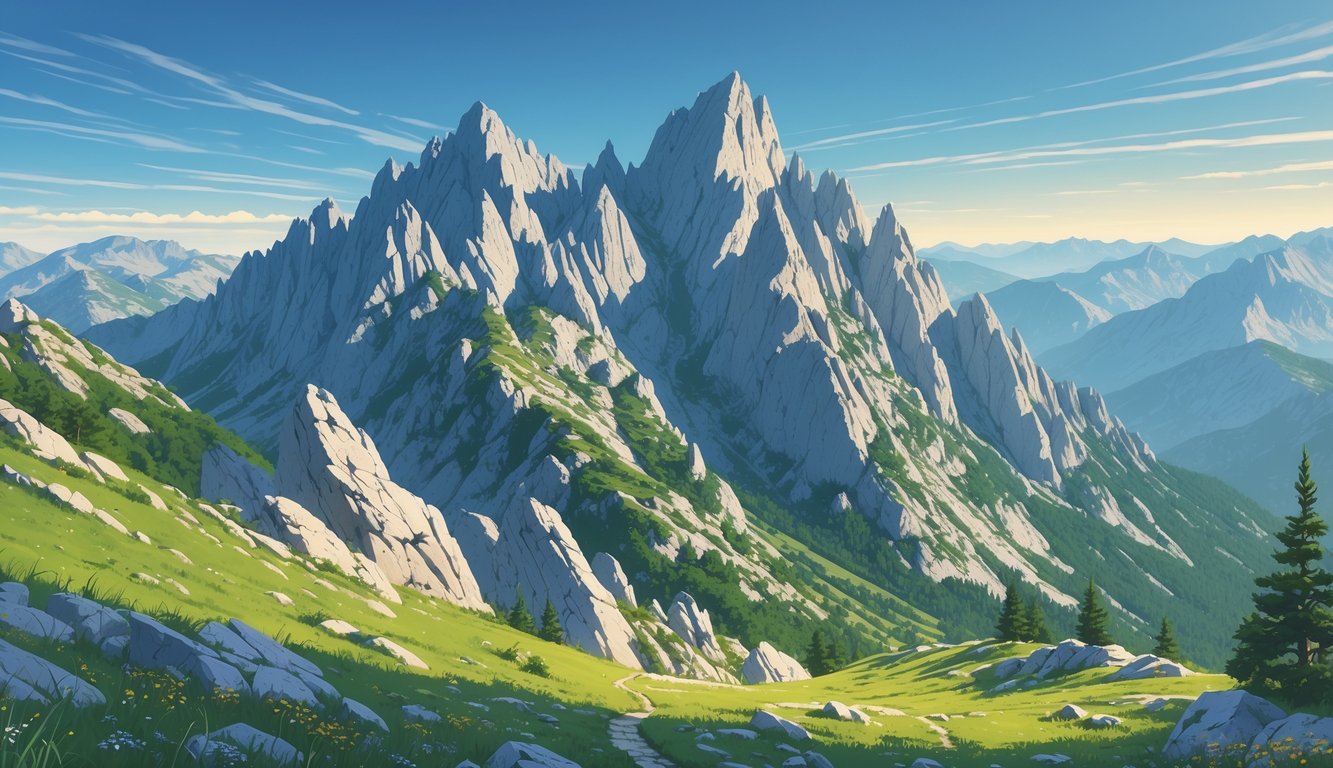 Pogled na planinski vrh Vaganski Vrh u planini Velebit s kamenitim vrhovima, zelenim livadama i plavim nebom.