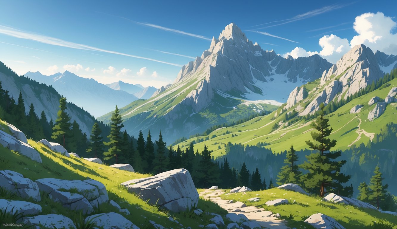 Planinski krajolik Ličke Plješevice s vrhom Ozeblin, prikazuje stijene, guste borove šume i planinske livade pod vedrim plavim nebom.