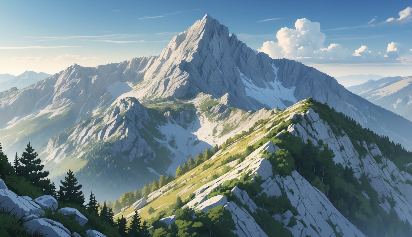 Pogled na planinski vrh Bjelolasica, Kula, okružen šumom i kamenjem, pod vedrim nebom.