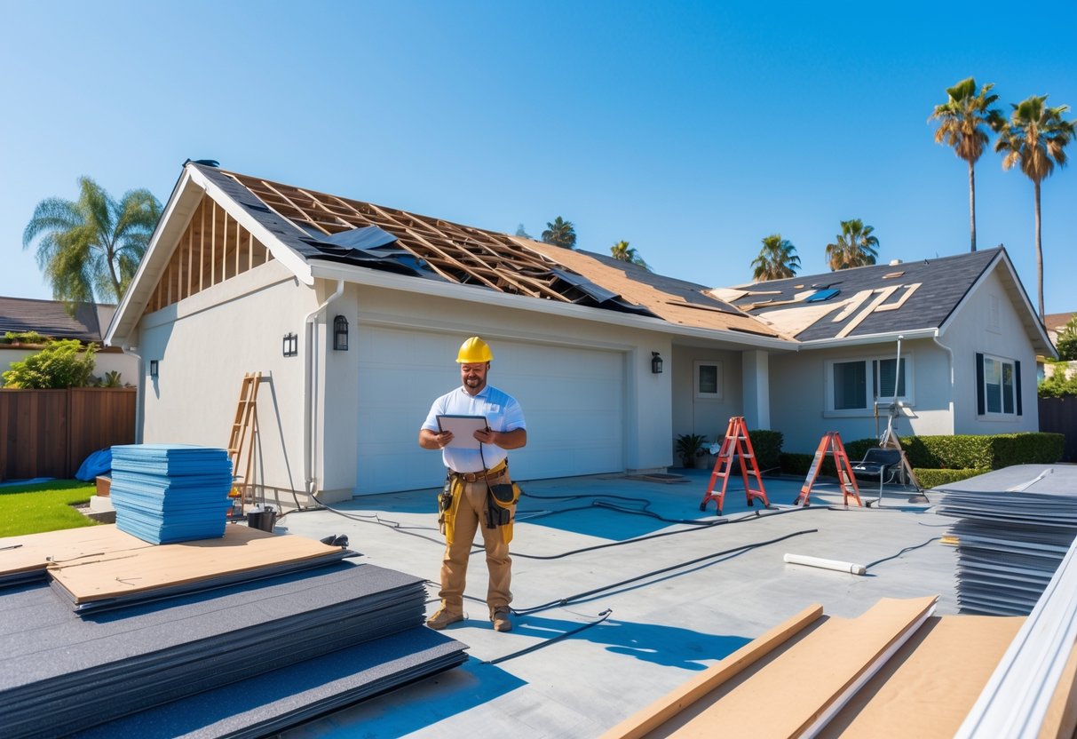 A roofing contractor inspecting a residential roof with tools and materials nearby on a sunny day in a suburban Los Angeles neighborhood.