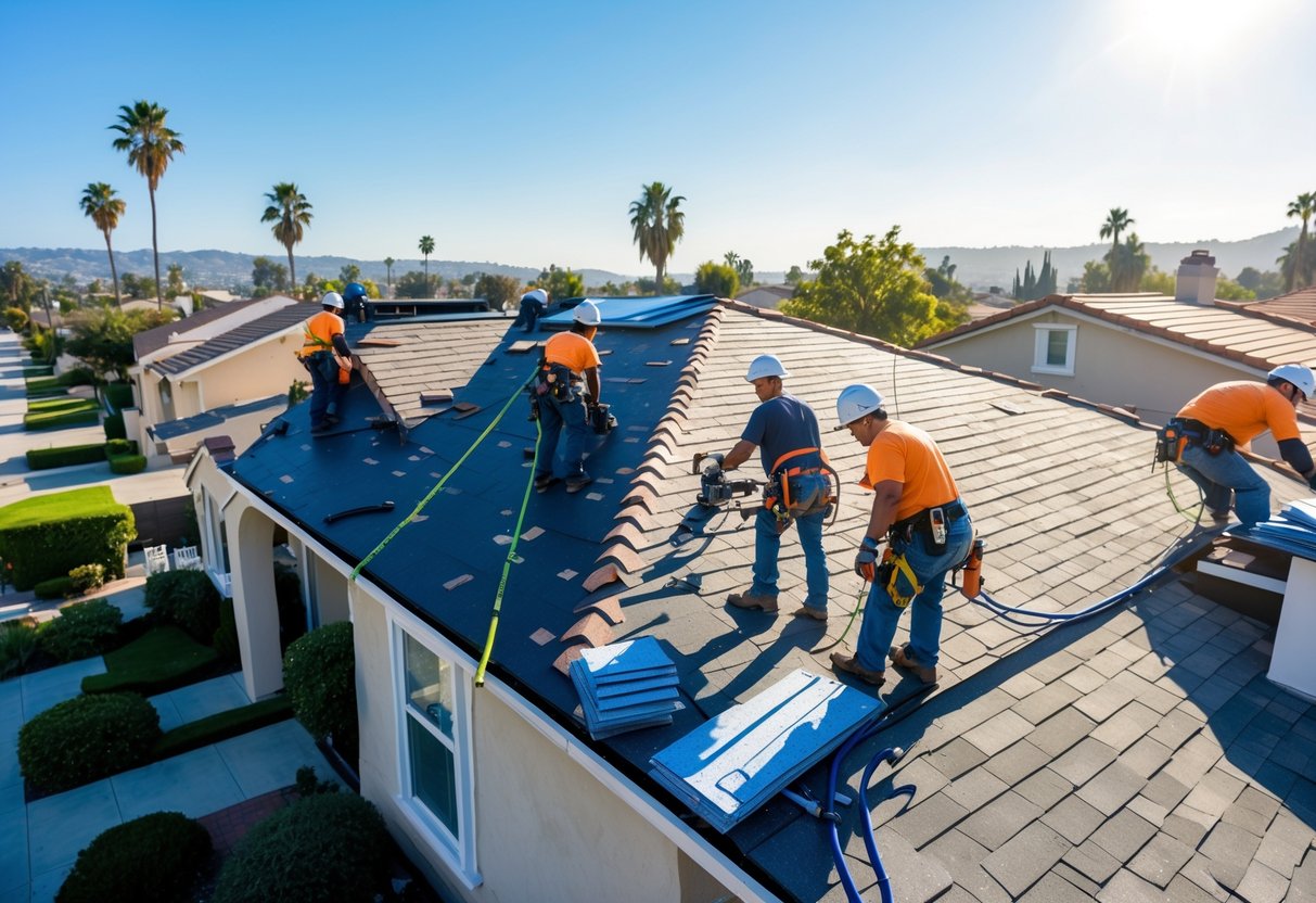 Roofing contractors replacing a roof on a house in a sunny Los Angeles neighborhood with palm trees and hills in the background.