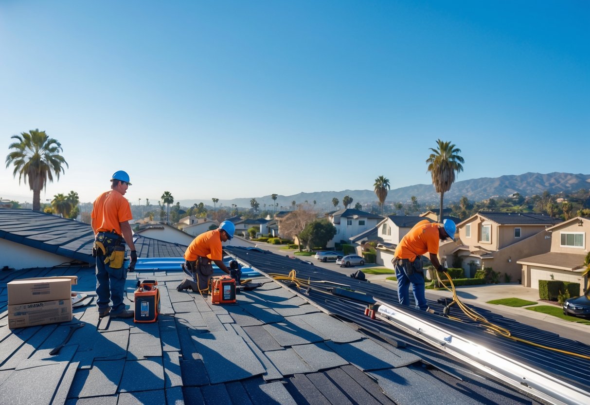 Workers replacing a roof on a house in a sunny Los Angeles neighborhood with palm trees and hills in the background.