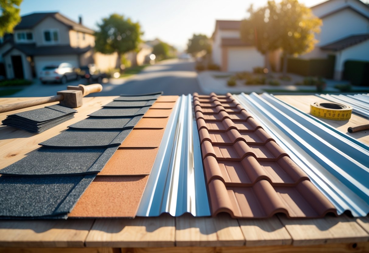 A table displaying samples of different roofing materials with roofing tools, set against a sunny residential neighborhood background.