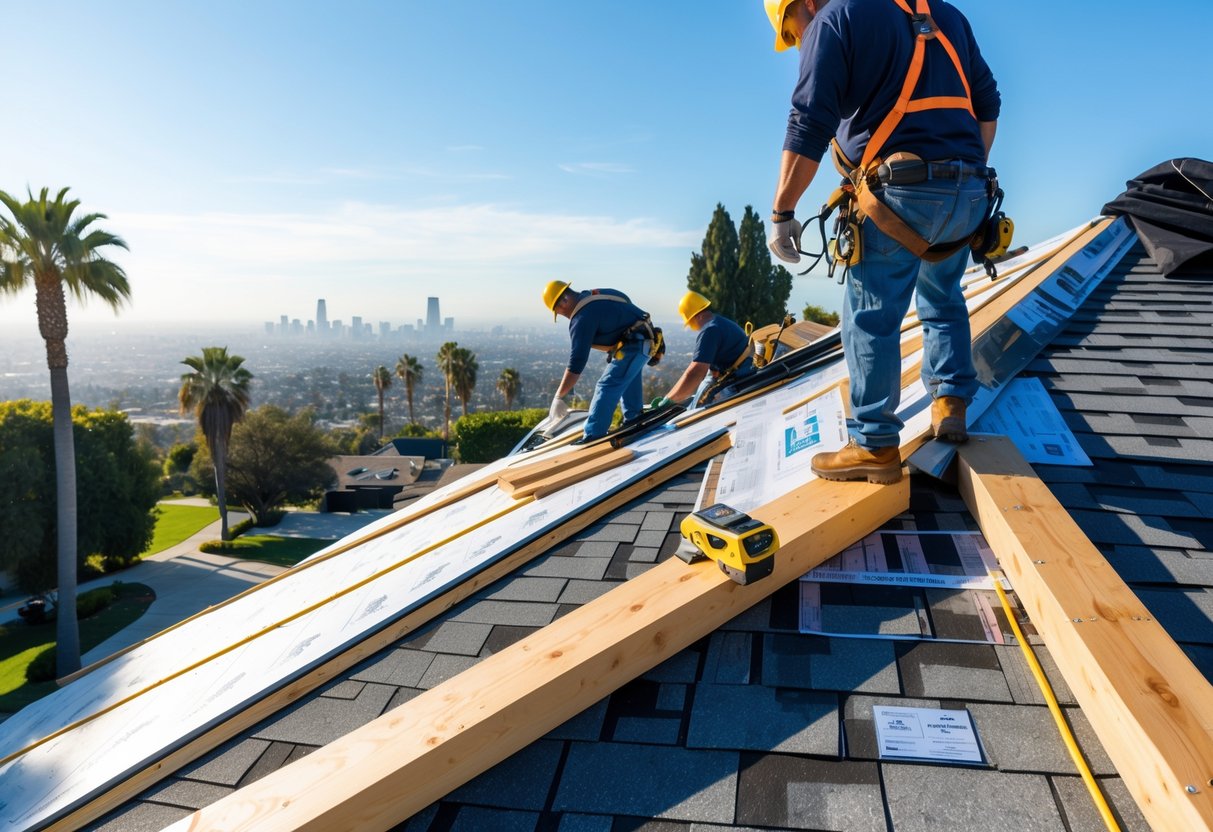 Construction workers replacing a residential roof with roofing materials and tools, with the Los Angeles cityscape in the background.