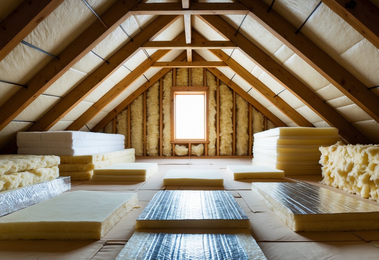 An attic space showing different types of insulation materials installed and displayed, including fiberglass batts, spray foam, cellulose, and radiant barriers.