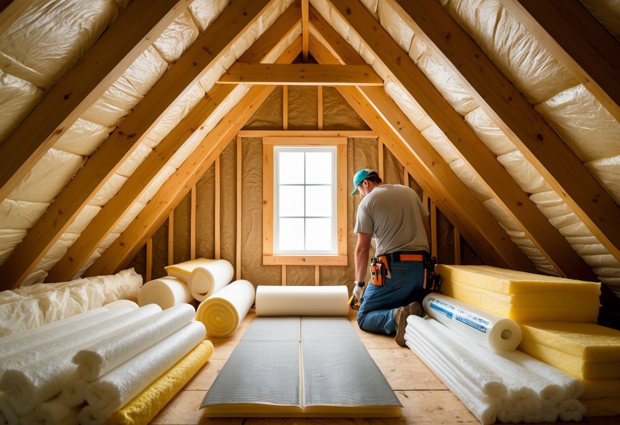 A person inspecting different types of attic insulation materials inside a bright attic with wooden beams and natural light.