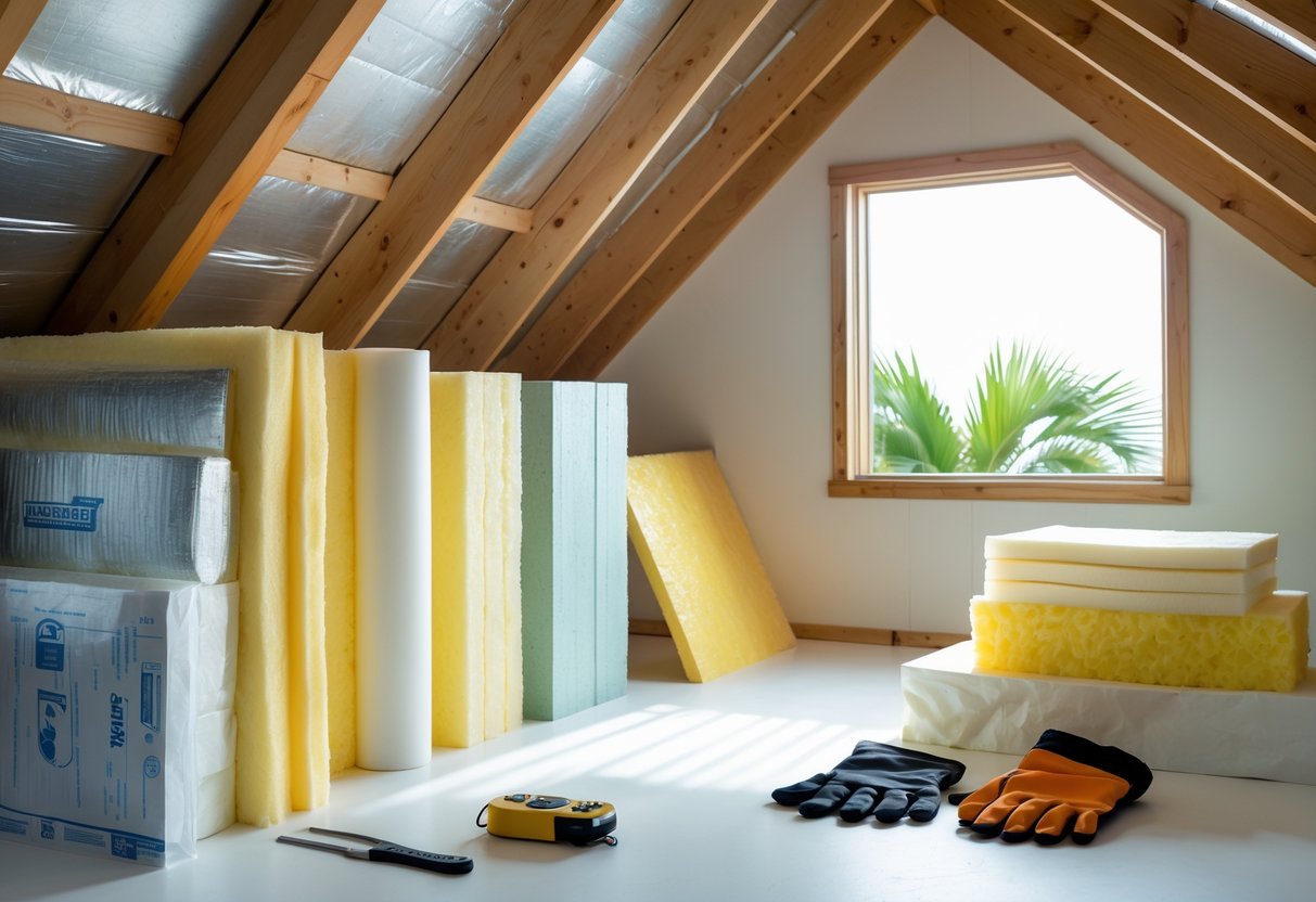 An attic with various types of insulation materials displayed on the floor and wooden beams, with natural light coming through a window.
