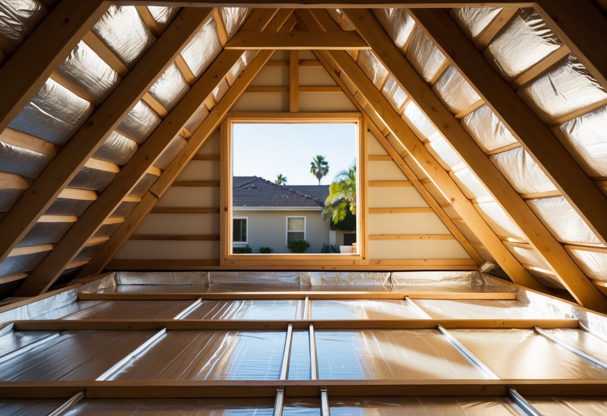 A bright attic with radiant barrier insulation on the roof, wooden beams, and sunlight coming through a small window showing a sunny neighborhood outside.