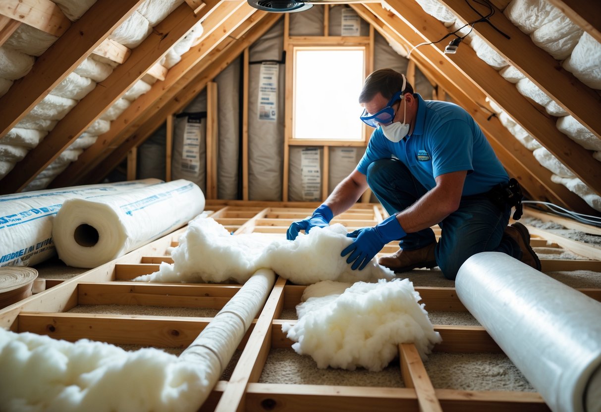 A worker installing fiberglass insulation in a clean attic with wooden beams and natural light coming through a small window.
