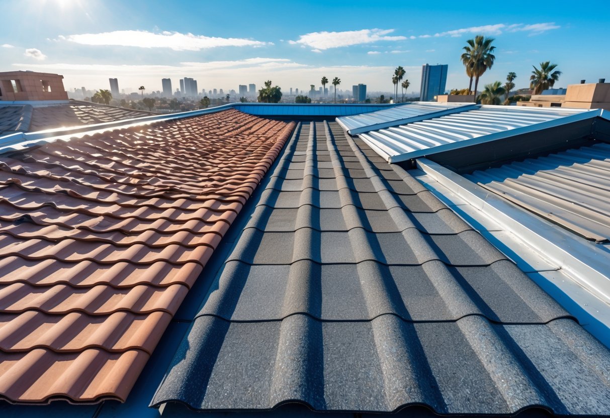 A rooftop displaying different roofing materials including clay tiles, asphalt shingles, metal panels, and concrete tiles under clear sunny sky with city buildings and palm trees in the background.