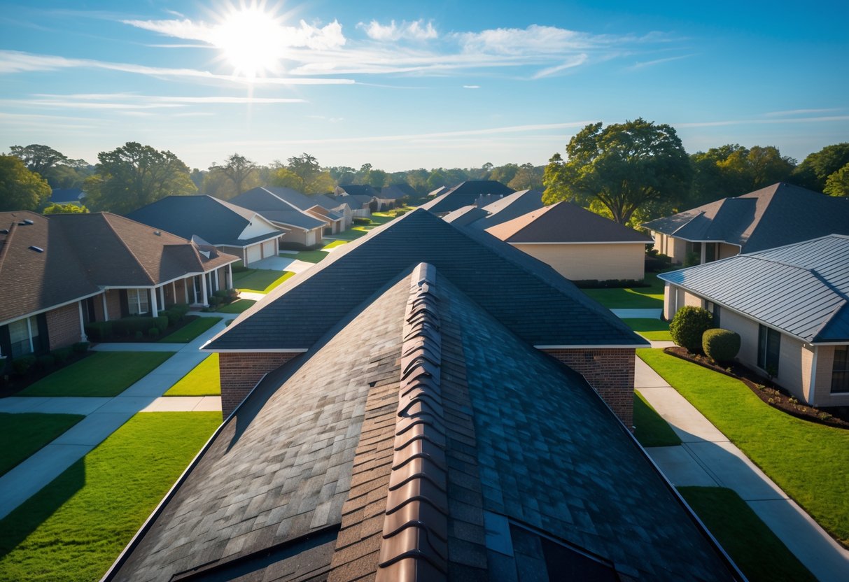 A sunny Louisiana neighborhood showing houses with various roofing materials under bright sunlight.