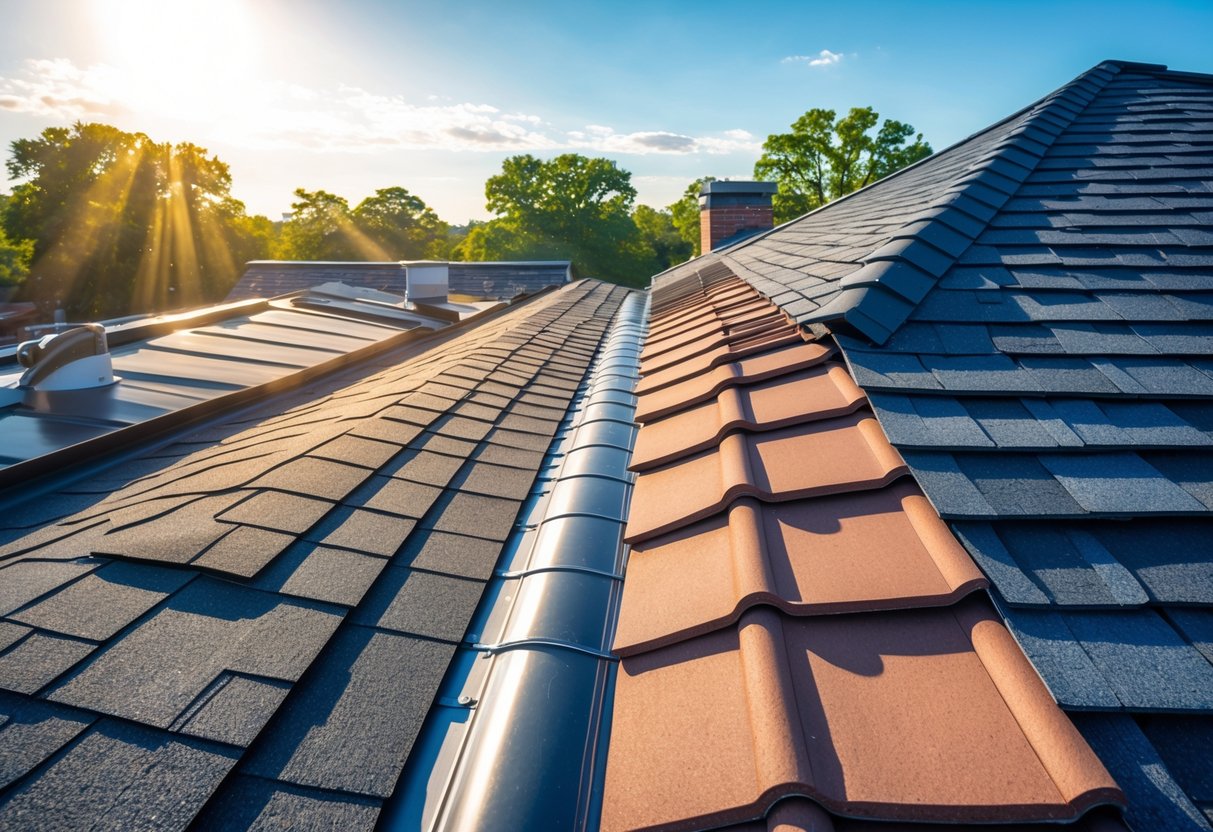 A rooftop displaying various roofing materials including shingles, metal panels, clay tiles, slate tiles, and wooden shakes under a sunny sky with trees in the background.
