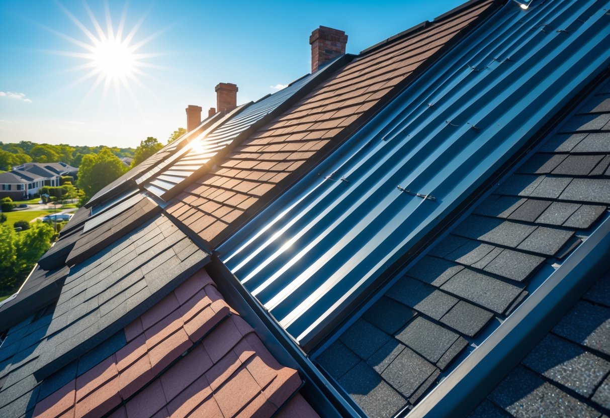 A rooftop displaying different types of roofing materials under bright sunlight with trees and houses in the background.