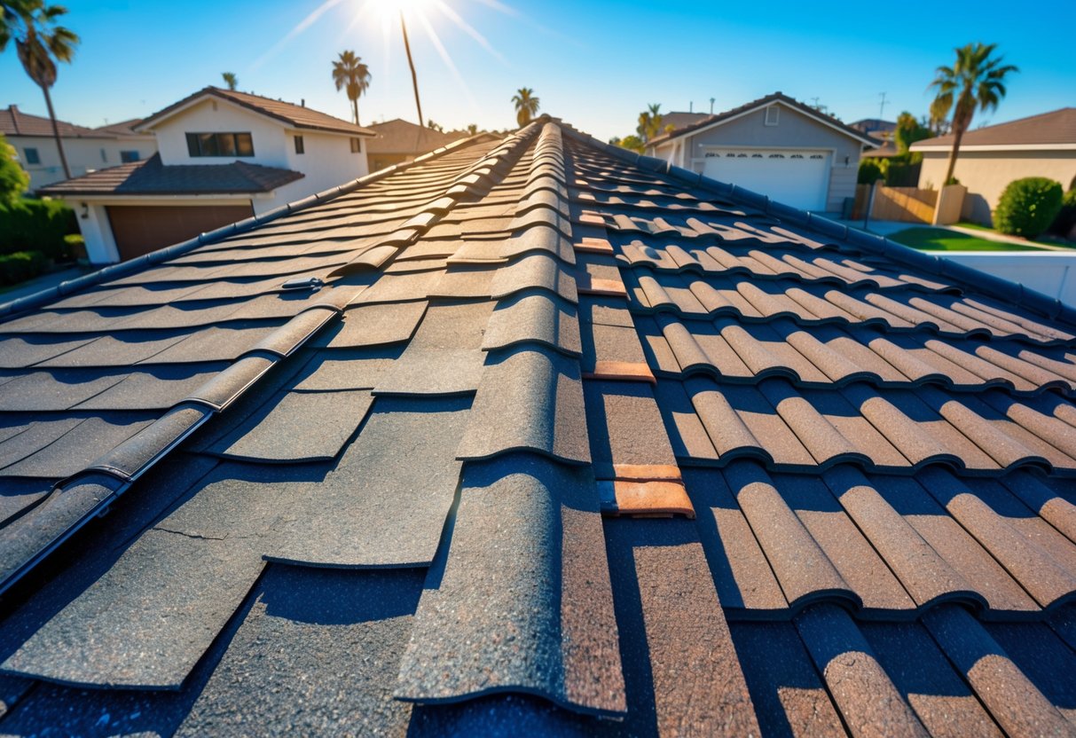 Close-up of different roofing materials on a house showing heat and sun damage under bright sunlight in a sunny suburban neighborhood.