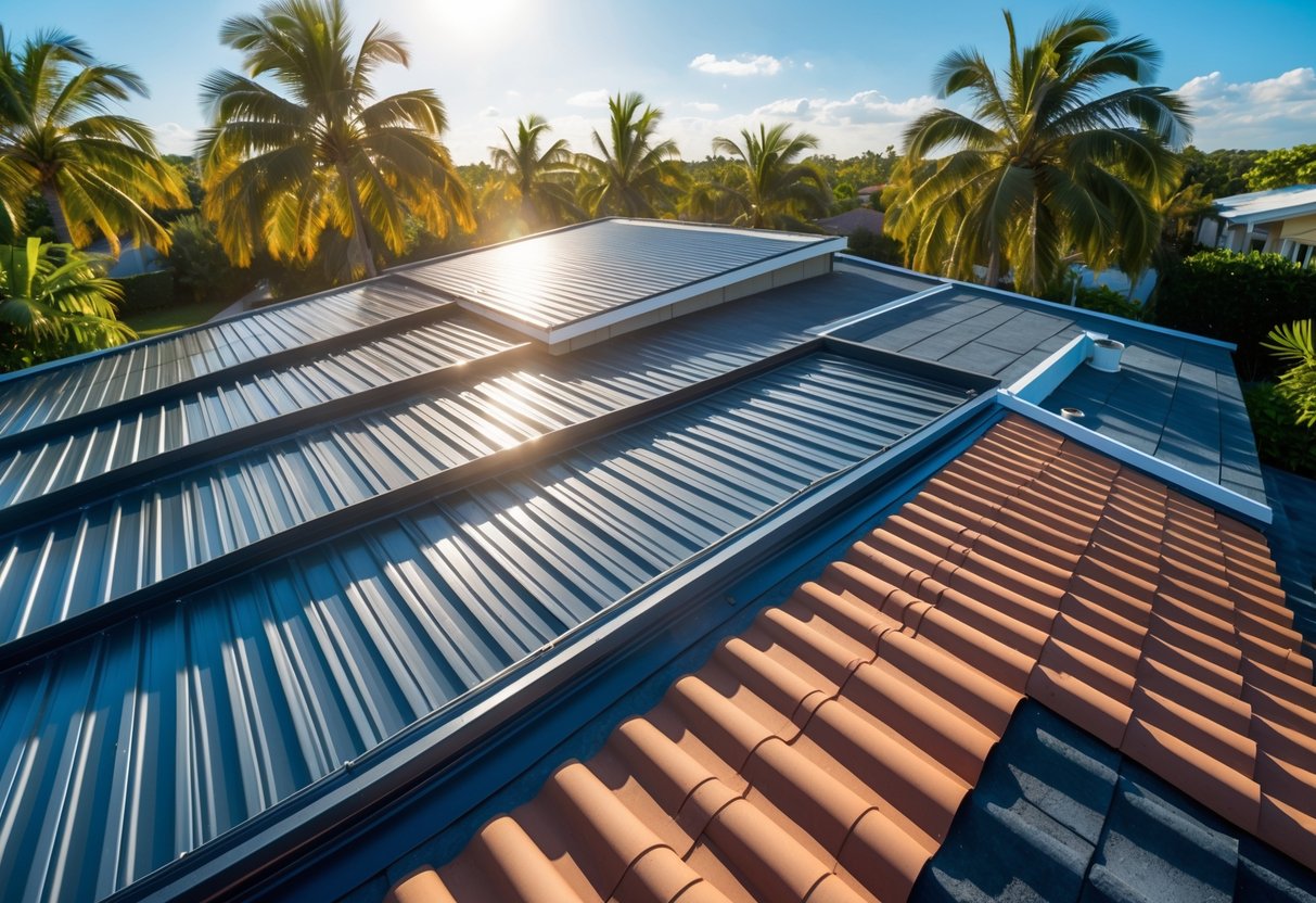 A sunny residential rooftop with different roofing materials and tropical plants around, under a clear blue sky.