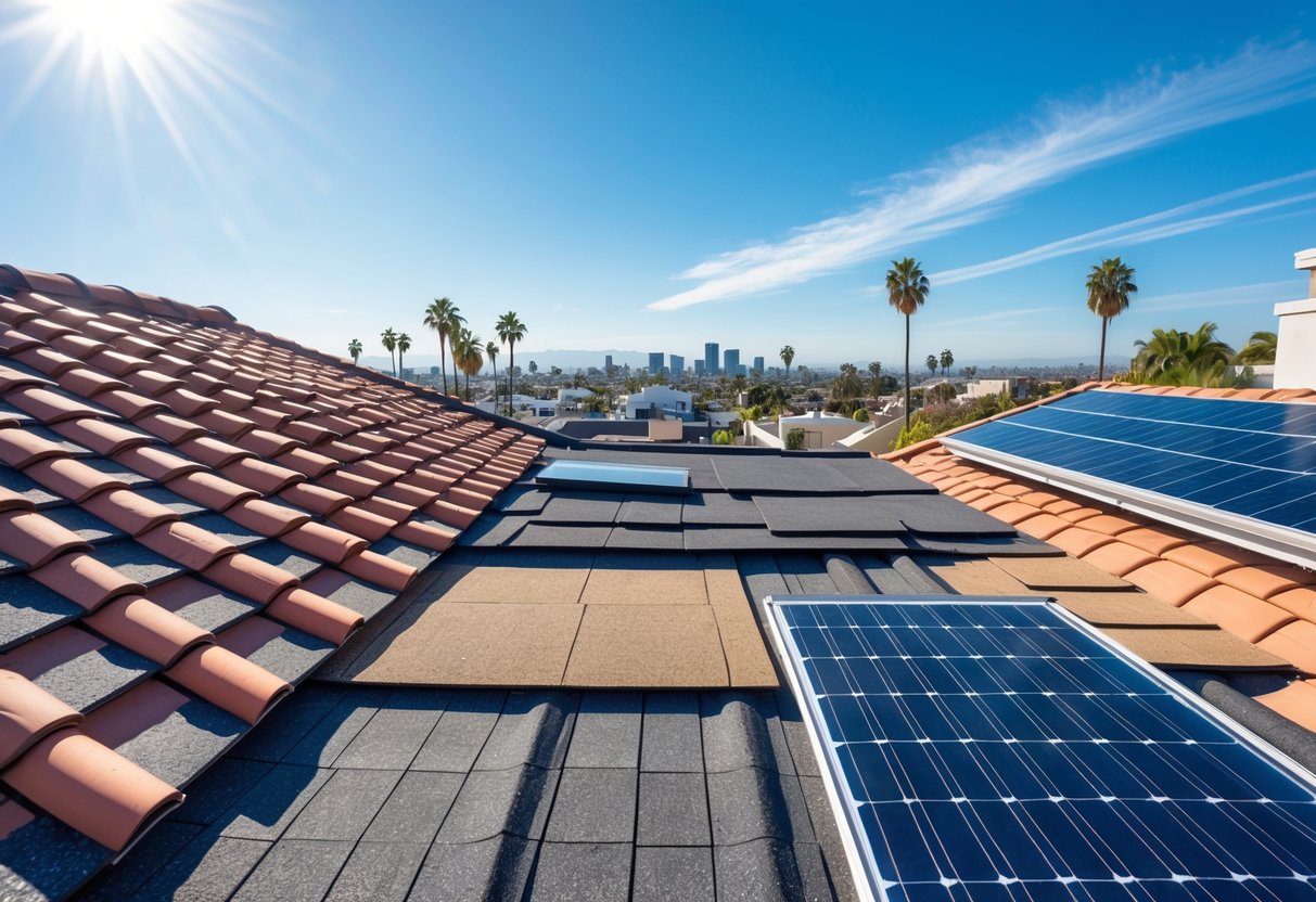 A rooftop displaying different roofing materials under bright sunlight with a clear blue sky and a cityscape with palm trees in the background.