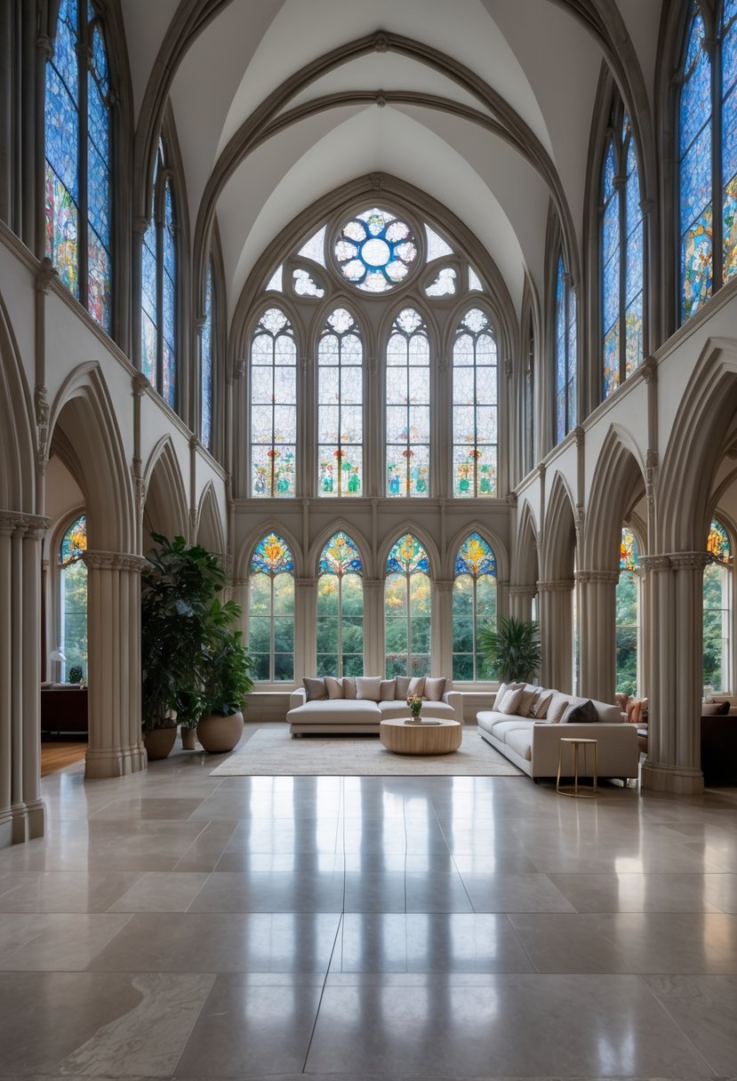 24 Gothic Living Room Arches and Windows for Timeless Architectural Elegance 2 A spacious living room with many tall arches and large windows letting in natural light.