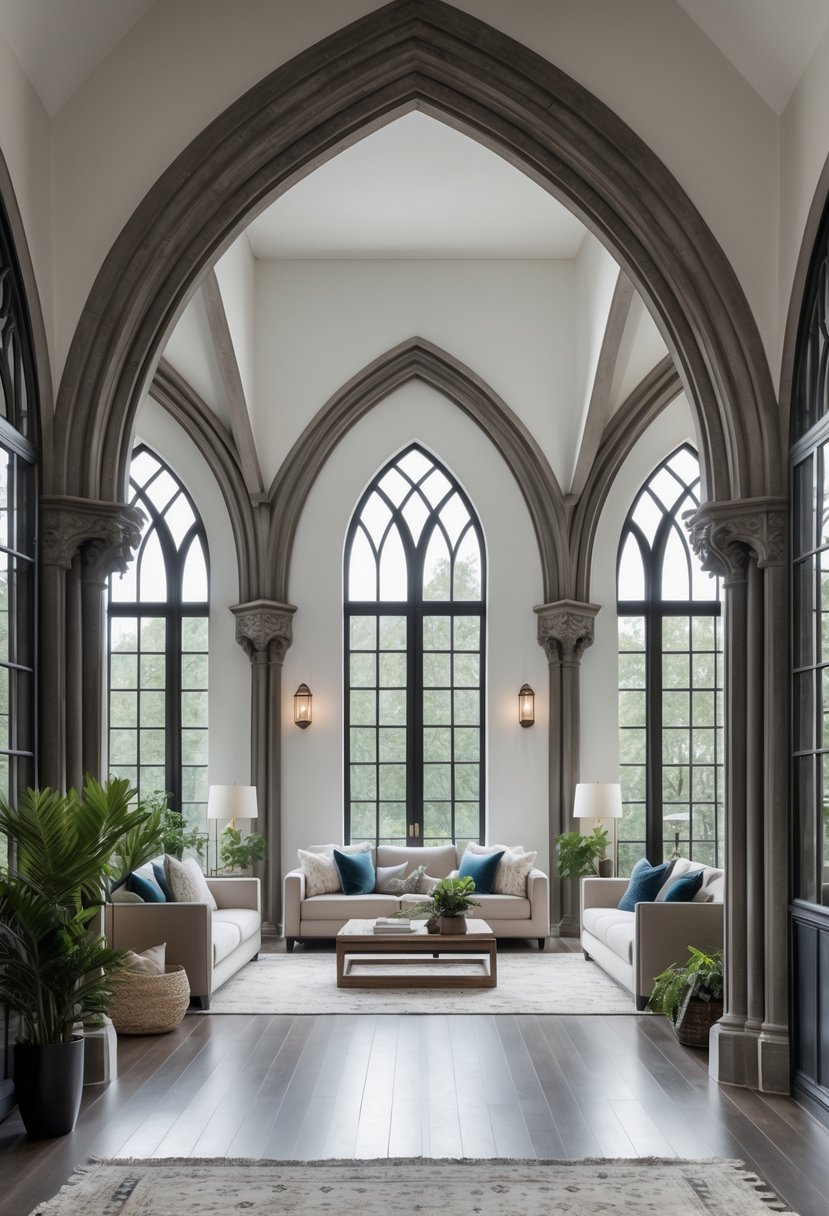 24 Gothic Living Room Arches and Windows for Timeless Architectural Elegance 3 A spacious living room with multiple pointed arches framing doorways and windows, featuring modern furniture and natural light.