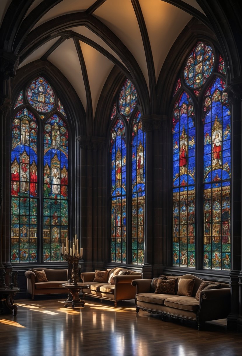 24 Gothic Living Room Arches and Windows for Timeless Architectural Elegance 4 A living room with tall gothic arches and colorful stained glass windows featuring medieval designs, illuminated by natural light.