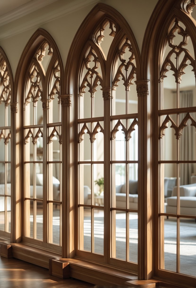 24 Gothic Living Room Arches and Windows for Timeless Architectural Elegance 5 A living room with multiple intricately carved wooden window frames and arches letting in natural light.