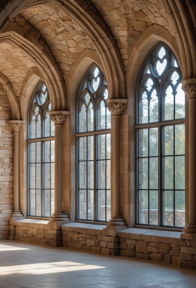 24 Gothic Living Room Arches and Windows for Timeless Architectural Elegance 6 Interior view of a room with an exposed stone wall featuring 24 arches and windows.
