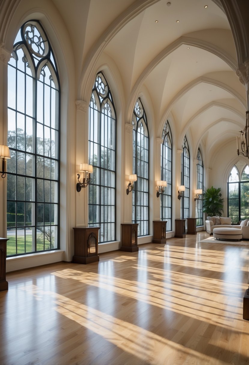 24 Gothic Living Room Arches and Windows for Timeless Architectural Elegance 7 A bright living room with many tall arched windows and matching mirrors along the walls, showing elegant furnishings and wooden floors.