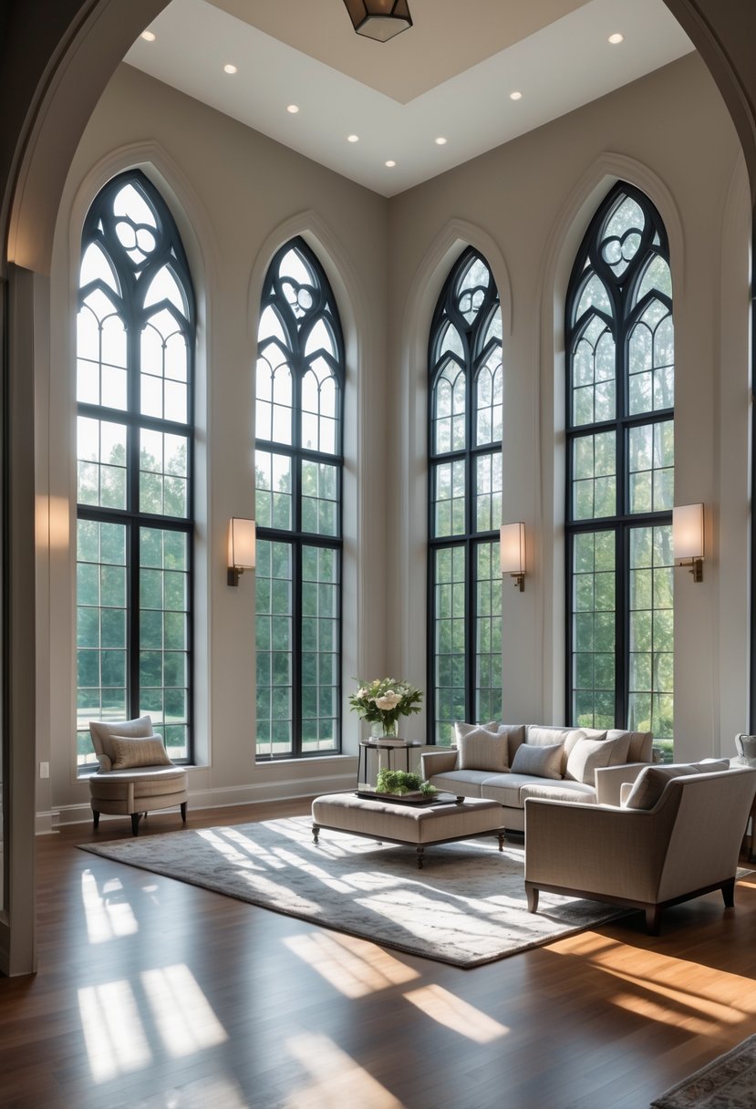 24 Gothic Living Room Arches and Windows for Timeless Architectural Elegance 8 A spacious living room with tall arched and rectangular windows letting in natural light, furnished with comfortable seating and warm decor.