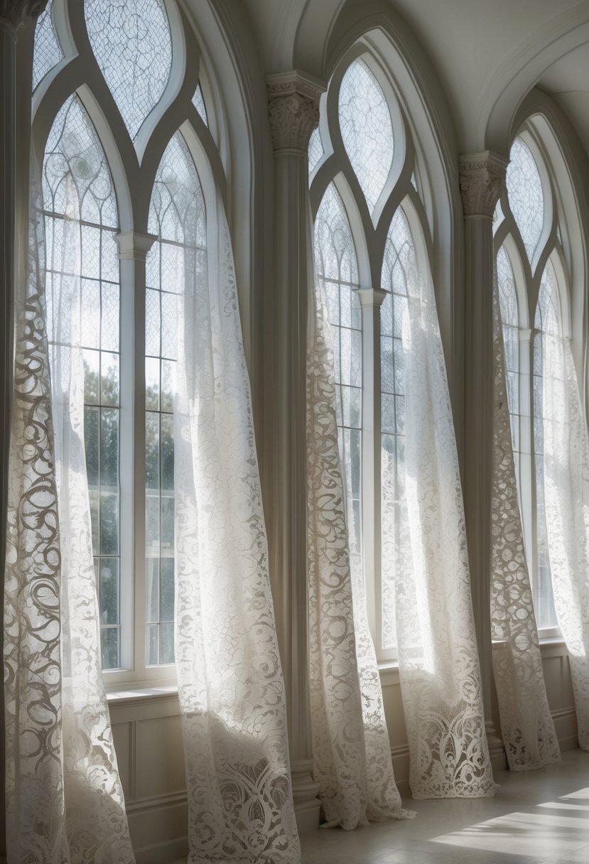 24 Gothic Living Room Arches and Windows for Timeless Architectural Elegance 10 A living room with lace curtains hanging in front of large Gothic arch windows, showing detailed stone arches and soft natural light.