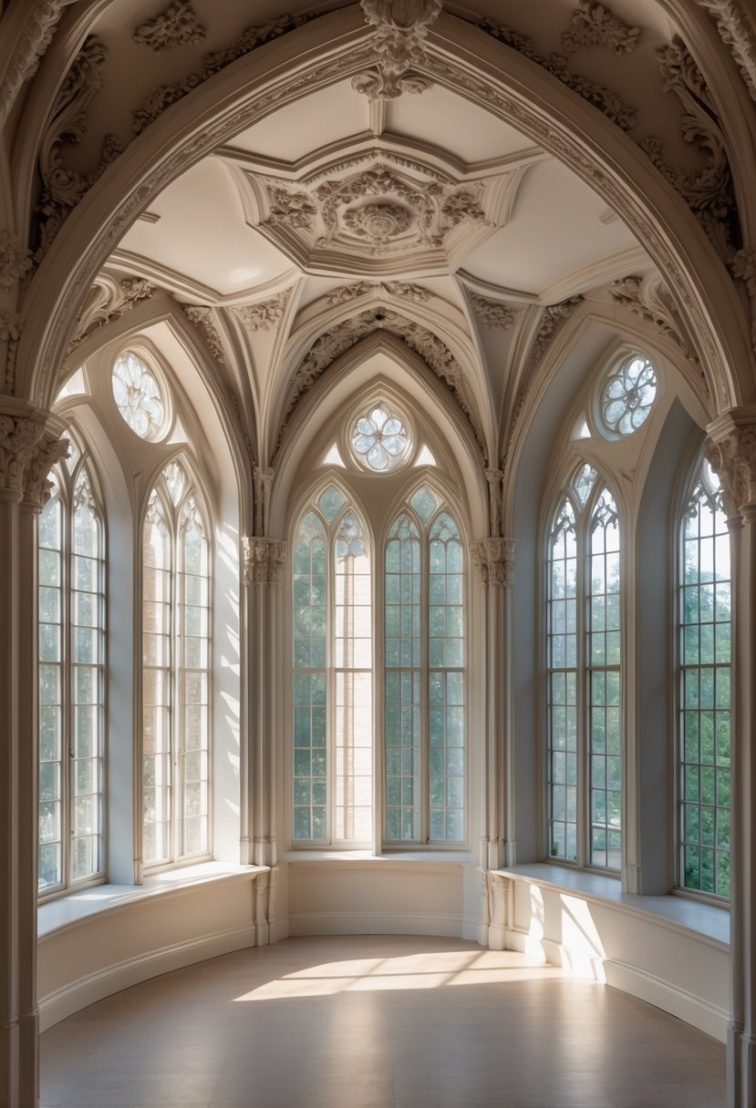 24 Gothic Living Room Arches and Windows for Timeless Architectural Elegance 11 A spacious living room with tall arches and large windows featuring detailed ceiling moldings.