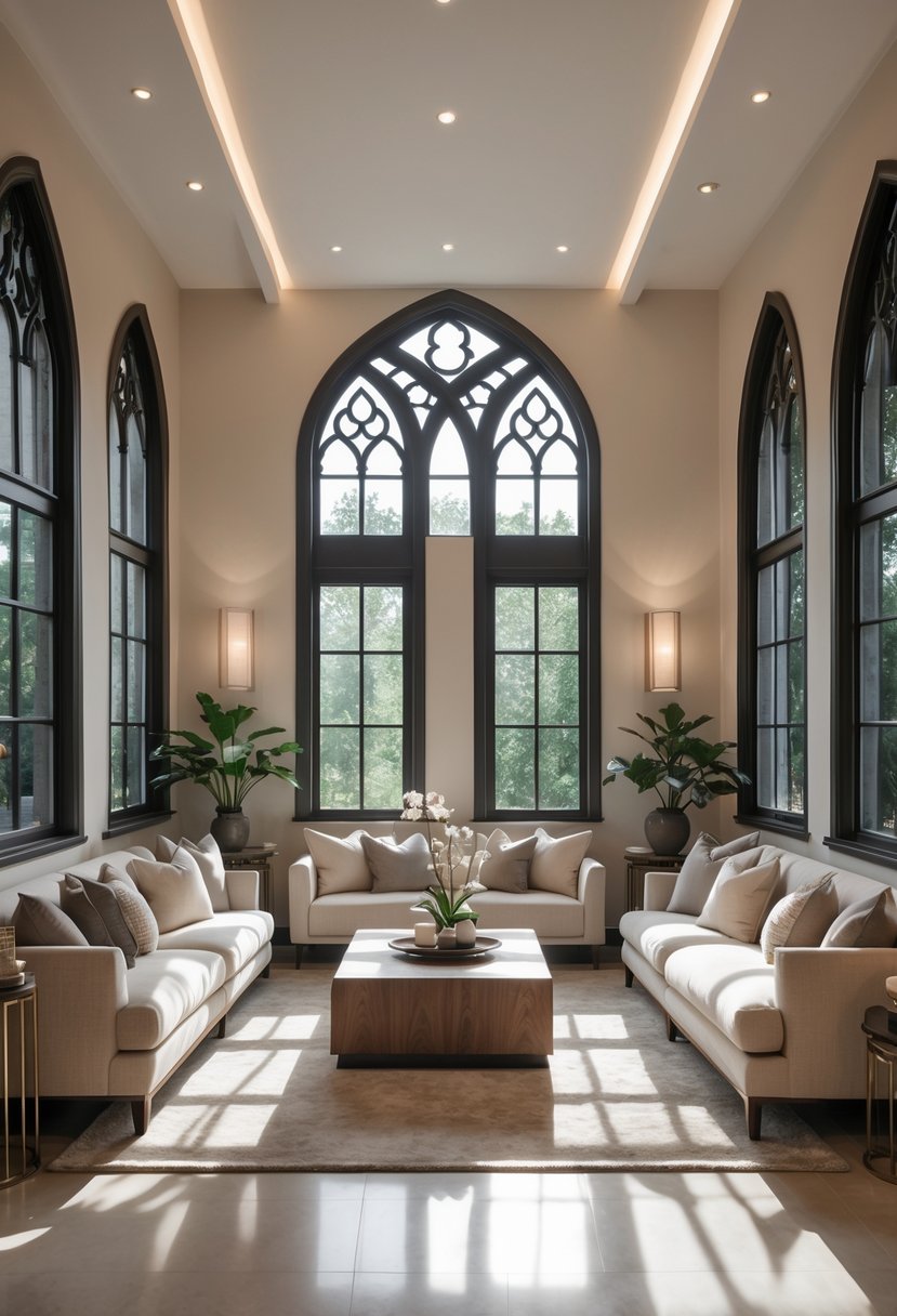 24 Gothic Living Room Arches and Windows for Timeless Architectural Elegance 12 A spacious living room with multiple decorative window decals shaped like arches and windows on the walls, featuring comfortable seating and a wooden coffee table.