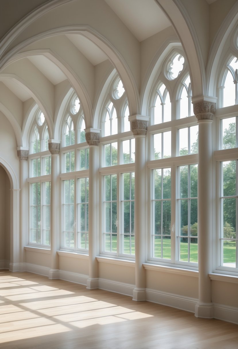 24 Gothic Living Room Arches and Windows for Timeless Architectural Elegance 13 A bright living room with tall double hung windows set within pointed Gothic arches, letting in natural light.