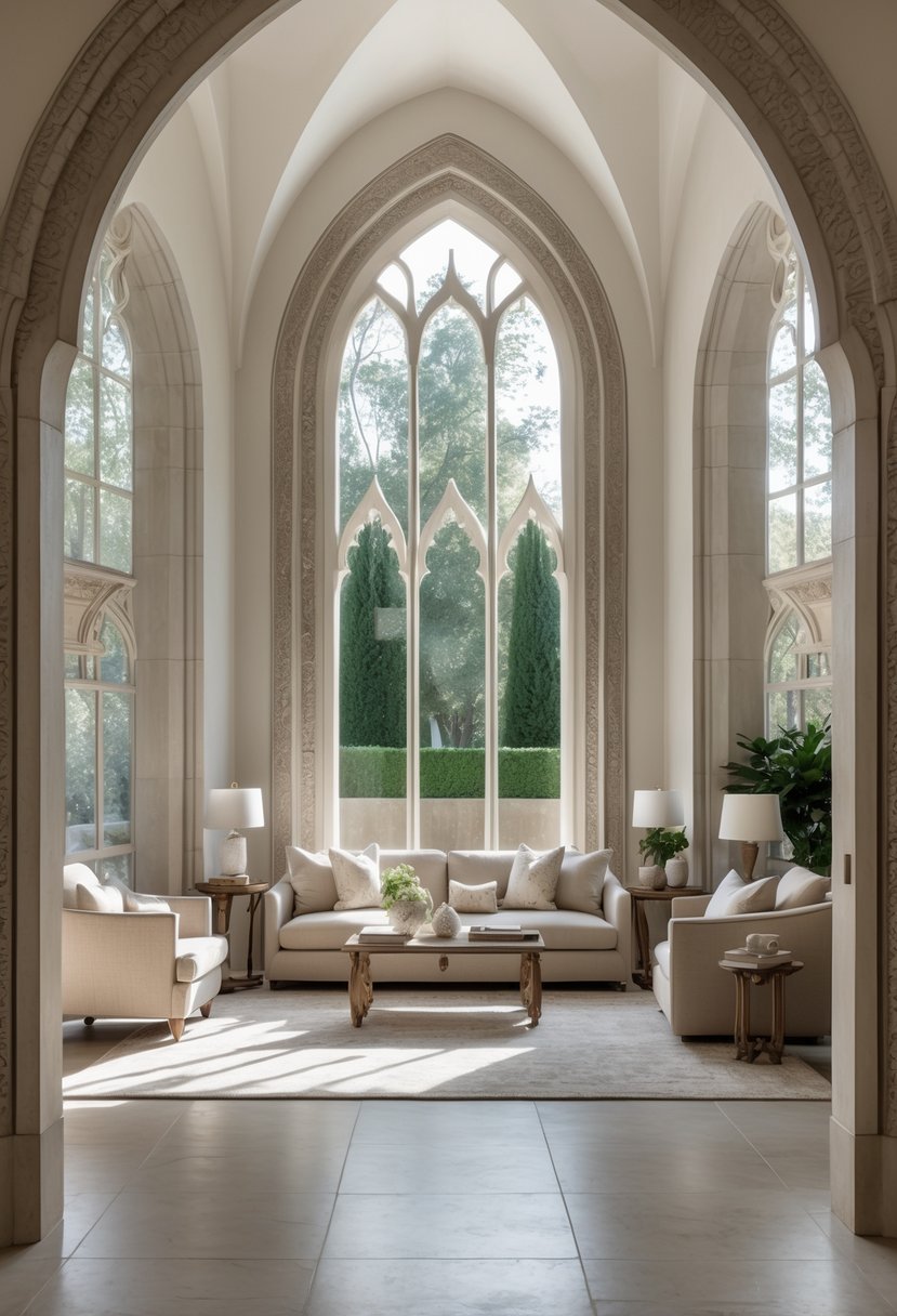 24 Gothic Living Room Arches and Windows for Timeless Architectural Elegance 15 A spacious living room with multiple pointed arch doorways and windows featuring detailed carvings, filled with natural light and furnished comfortably.