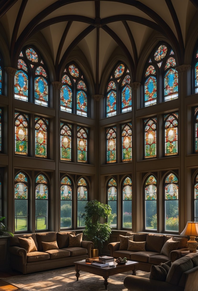 24 Gothic Living Room Arches and Windows for Timeless Architectural Elegance 16 A living room with multiple stained glass transom windows set in gothic arches, casting colorful light into the space.