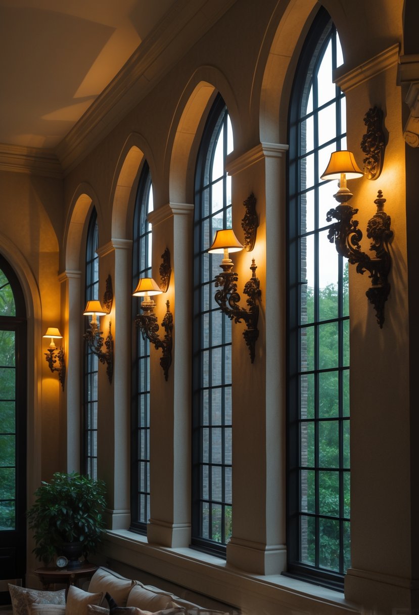 24 Gothic Living Room Arches and Windows for Timeless Architectural Elegance 18 A living room with tall arched windows and decorative wall lights mounted on the walls beside them.
