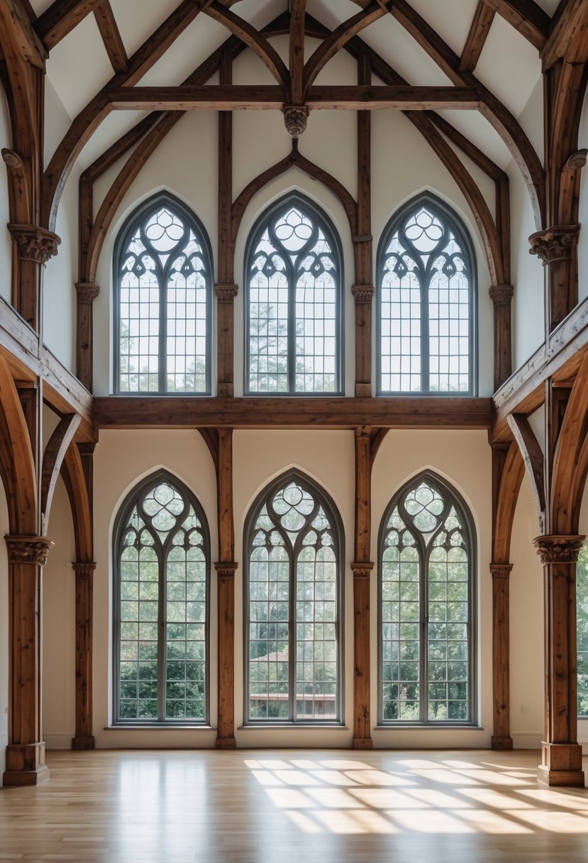 24 Gothic Living Room Arches and Windows for Timeless Architectural Elegance 19 A spacious living room with exposed wooden beams around large windows and multiple gothic arches.