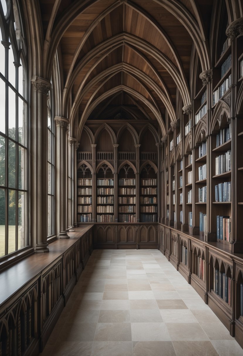 24 Gothic Living Room Arches and Windows for Timeless Architectural Elegance 20 A living room with tall bookshelves featuring pointed arch designs next to large windows letting in natural light.