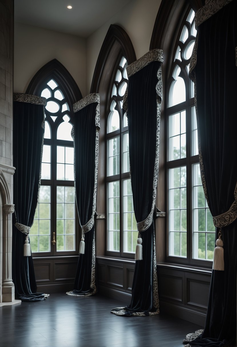 24 Gothic Living Room Arches and Windows for Timeless Architectural Elegance 21 A living room with tall arched windows framed by dark velvet curtains and decorative tassels.