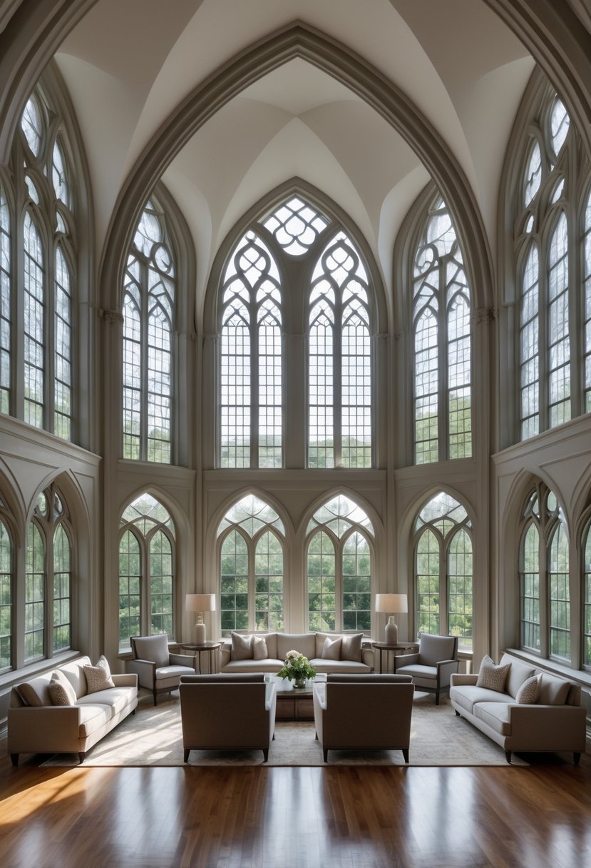 24 Gothic Living Room Arches and Windows for Timeless Architectural Elegance 22 A spacious living room filled with large arched windows and arches letting in abundant natural light.