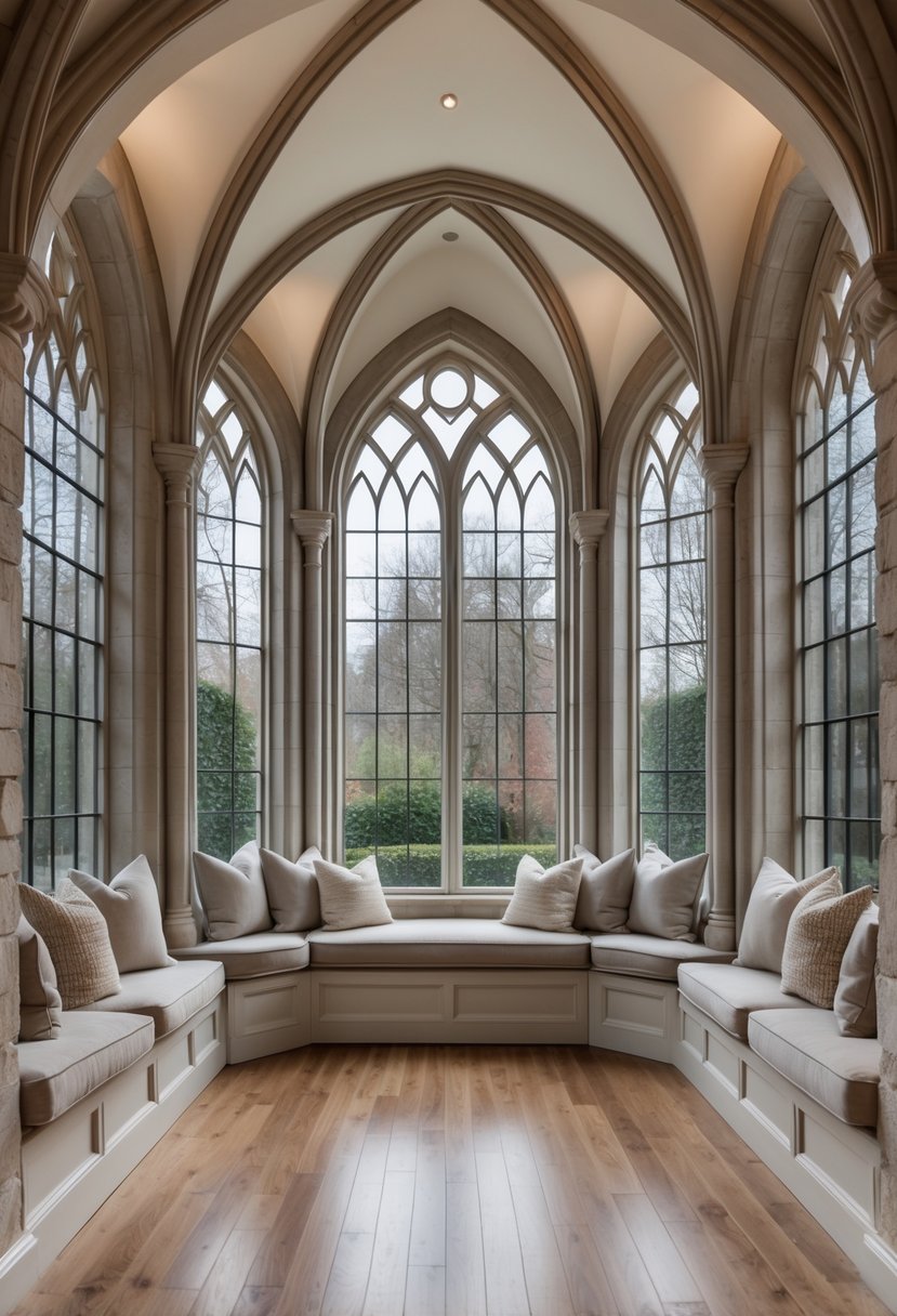 24 Gothic Living Room Arches and Windows for Timeless Architectural Elegance 24 A spacious living room with multiple tall arched windows featuring built-in cushioned seats beneath each window.