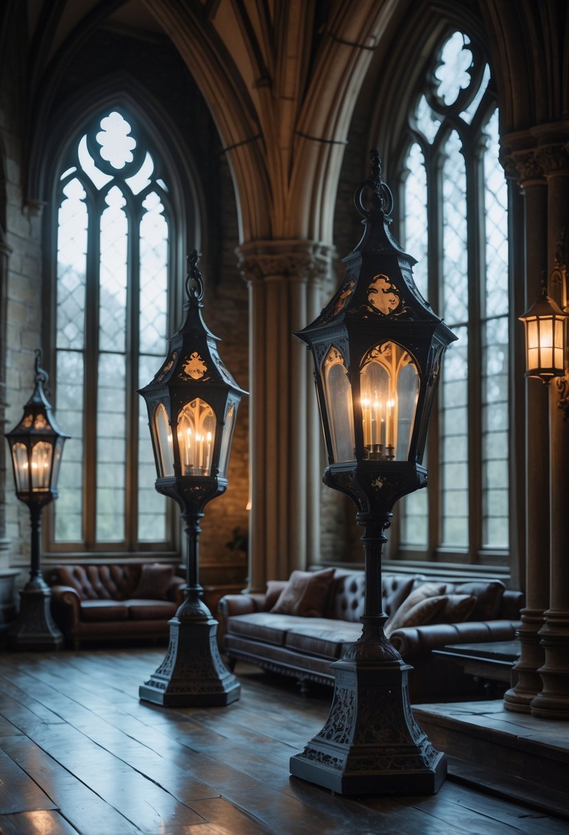 24 Gothic Living Room Arches and Windows for Timeless Architectural Elegance 25 A room with multiple vintage lanterns near large arched windows and gothic-style arches.