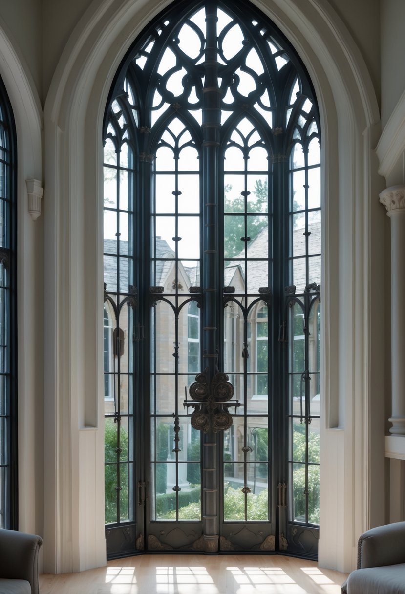 24 Gothic Living Room Arches and Windows for Timeless Architectural Elegance 26 Living room with tall arched windows featuring blackened metal window hardware, illuminated by natural light.