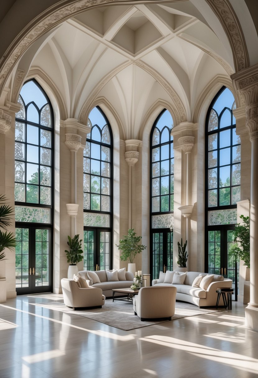 24 Gothic Living Room Arches and Windows for Timeless Architectural Elegance 27 A spacious living room with tall pointed arches and large windows letting in natural light, furnished with modern seating and neutral decor.