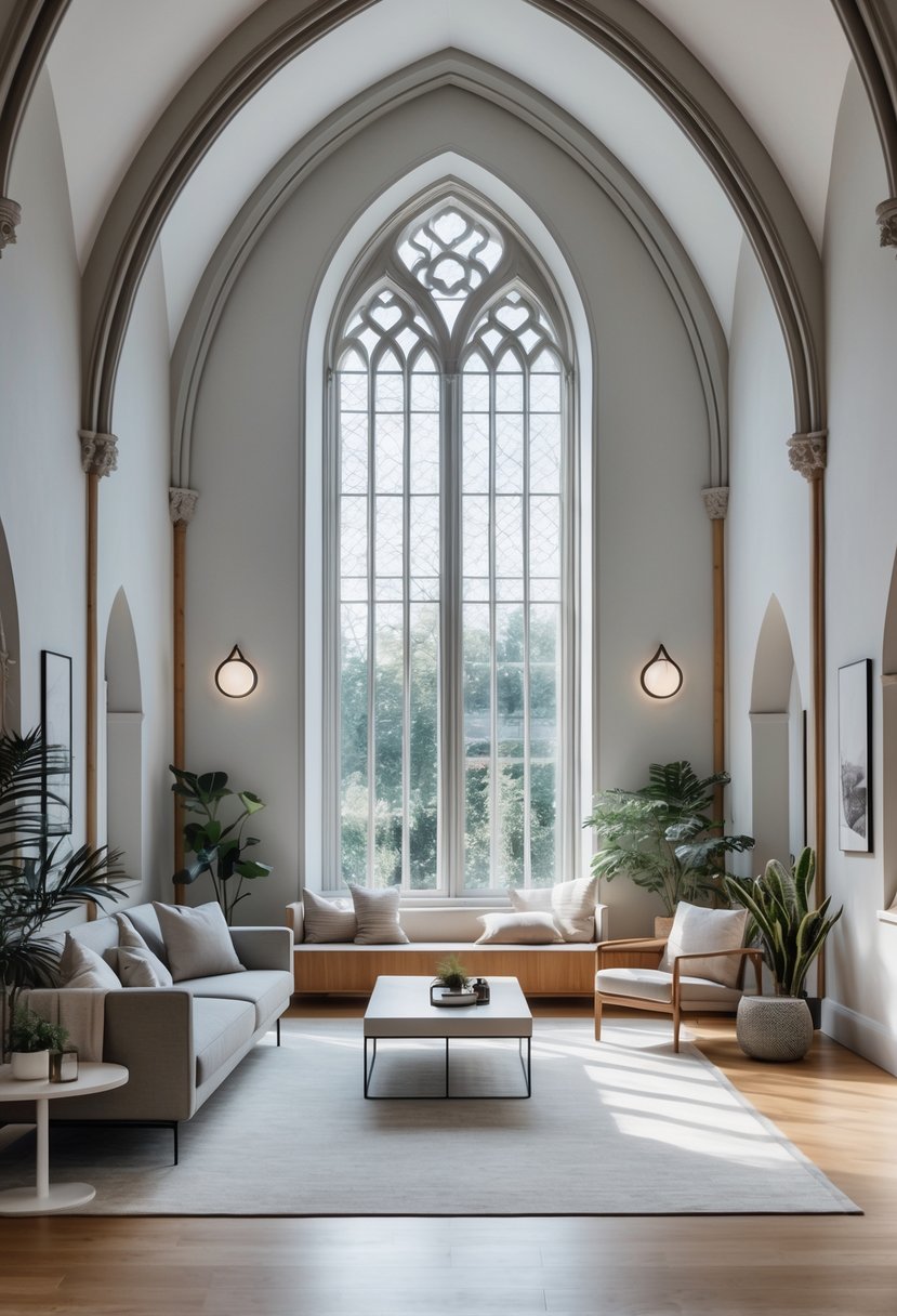 24 Gothic Living Room Arches and Windows for Timeless Architectural Elegance 28 A bright and spacious living room with large pointed arch windows and a comfortable sofa, featuring modern furniture and natural light.