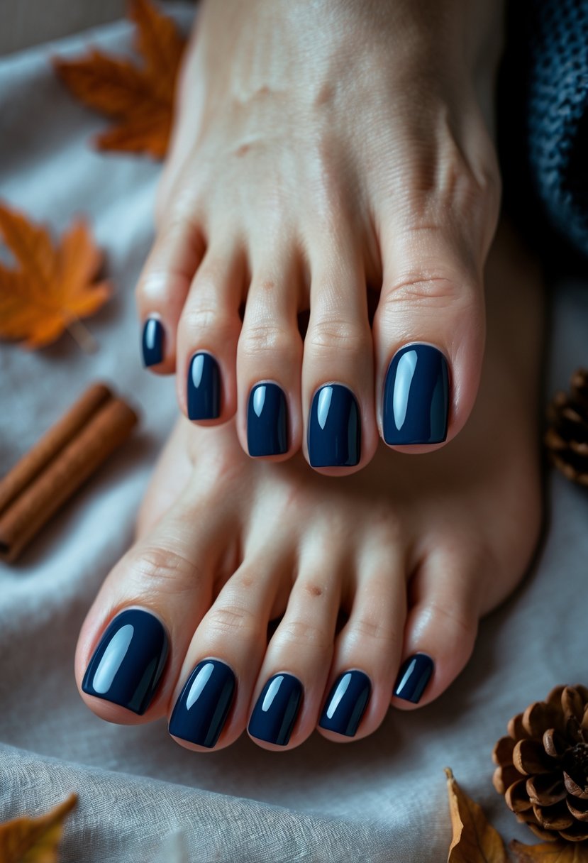 Close-up of feet with toenails painted in various navy and dark blue shades, surrounded by autumn leaves and natural fall elements.