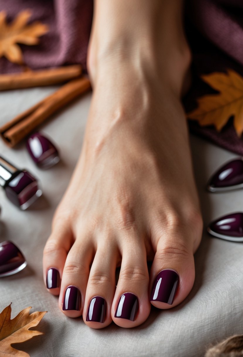 Close-up of a female foot with toenails painted in 15 different deep plum fall colors, resting on a soft surface with autumn leaves and warm-toned background elements.