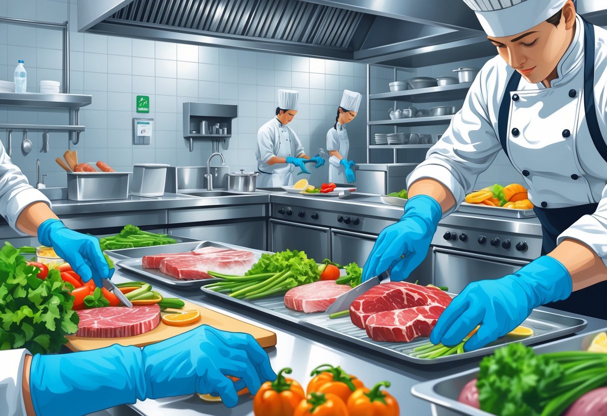 Hands wearing blue nitrile gloves preparing food in a clean, busy kitchen with chefs working and fresh ingredients on stainless steel counters.