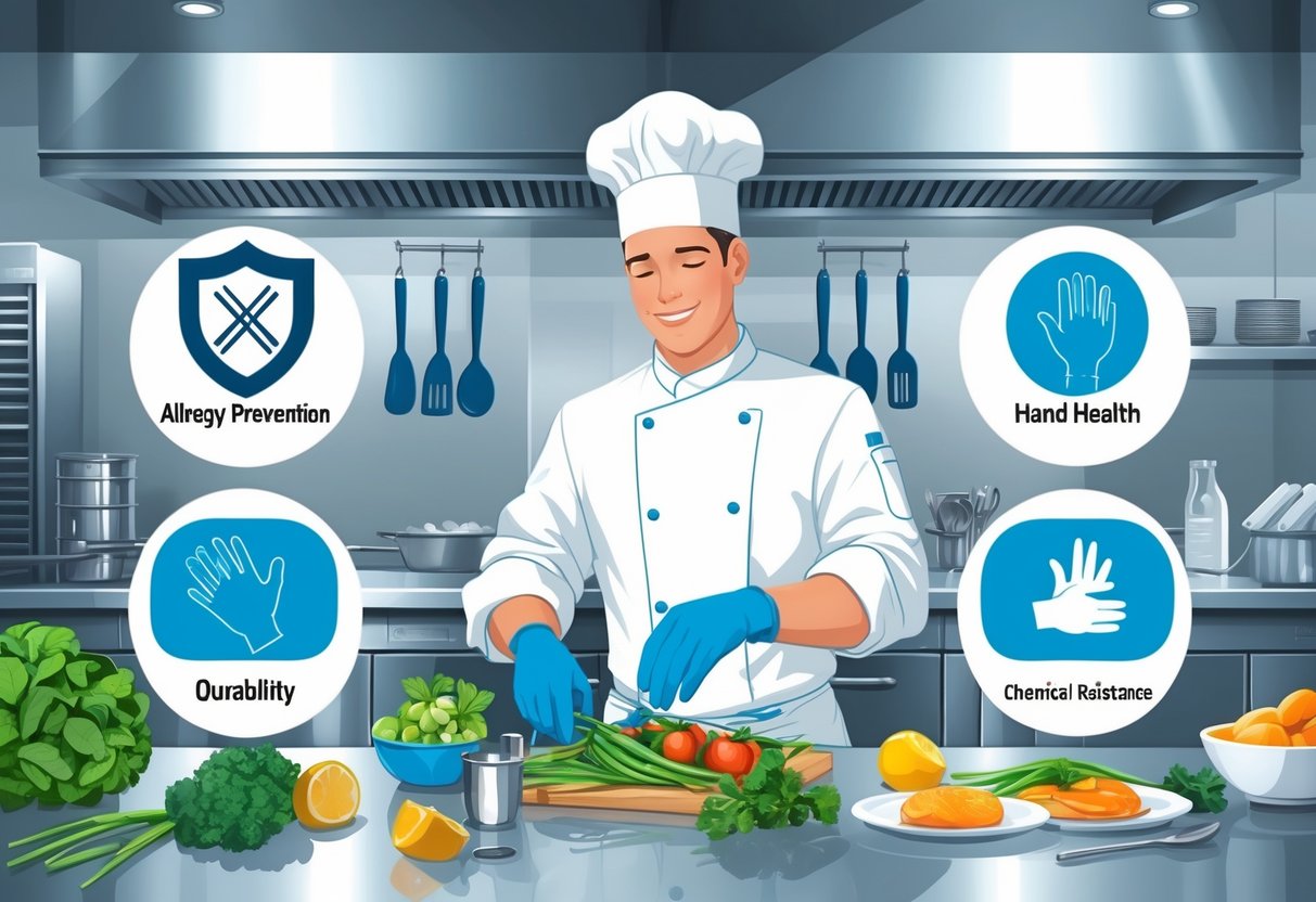 A chef wearing blue gloves preparing food in a clean commercial kitchen with five icons representing allergy prevention, hand health, durability, chemical resistance, and comfort.