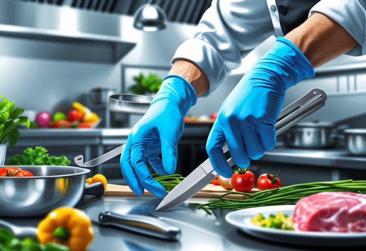 A chef wearing blue nitrile gloves working safely with kitchen tools in a busy commercial kitchen.