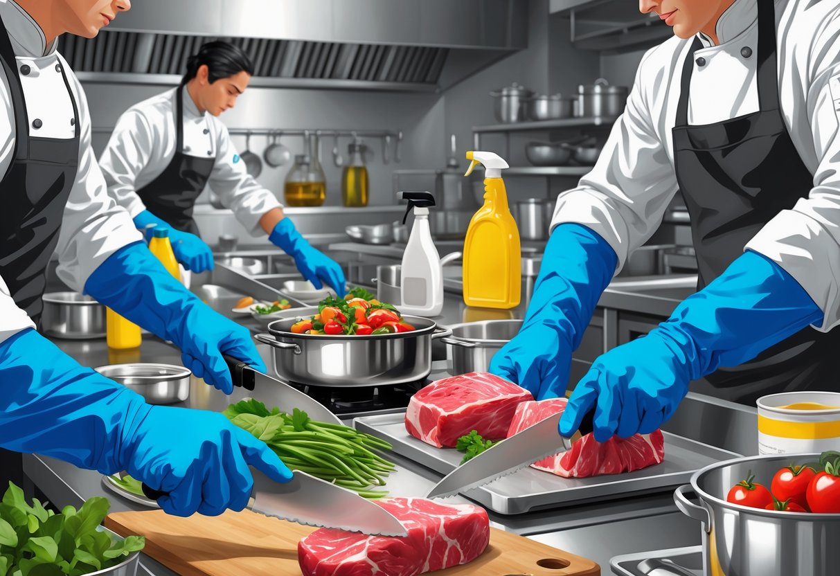 Busy commercial kitchen with staff wearing blue nitrile gloves handling food preparation and cleaning tasks.