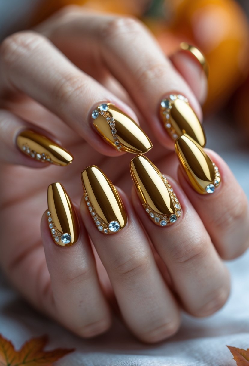 Close-up of a hand with metallic gold chrome drip nails decorated with rhinestones against a warm autumn-colored background.